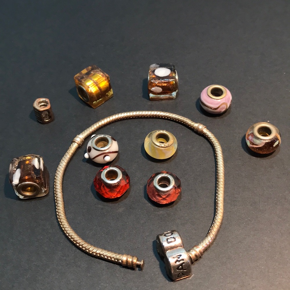 Pandora-like bracelet and charms. Length is 7.9”